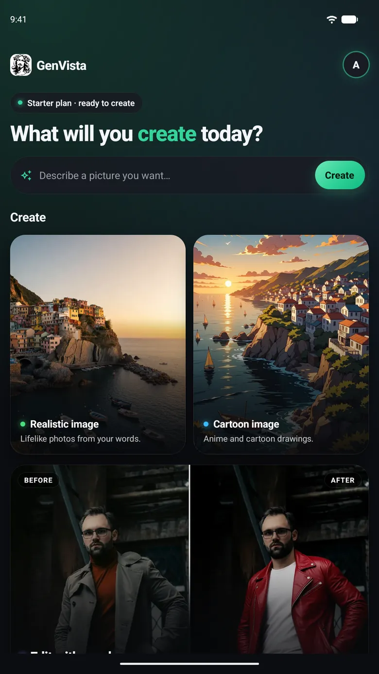 The home screen of GenVista Pictures on iPhone: a box to describe a picture, and tools for realistic and cartoon images.